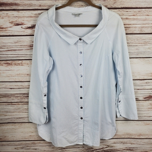 John Mark Tops - John Mark Womens Large Blue/White Stripe Portrait Collar Button Down Shirt Top